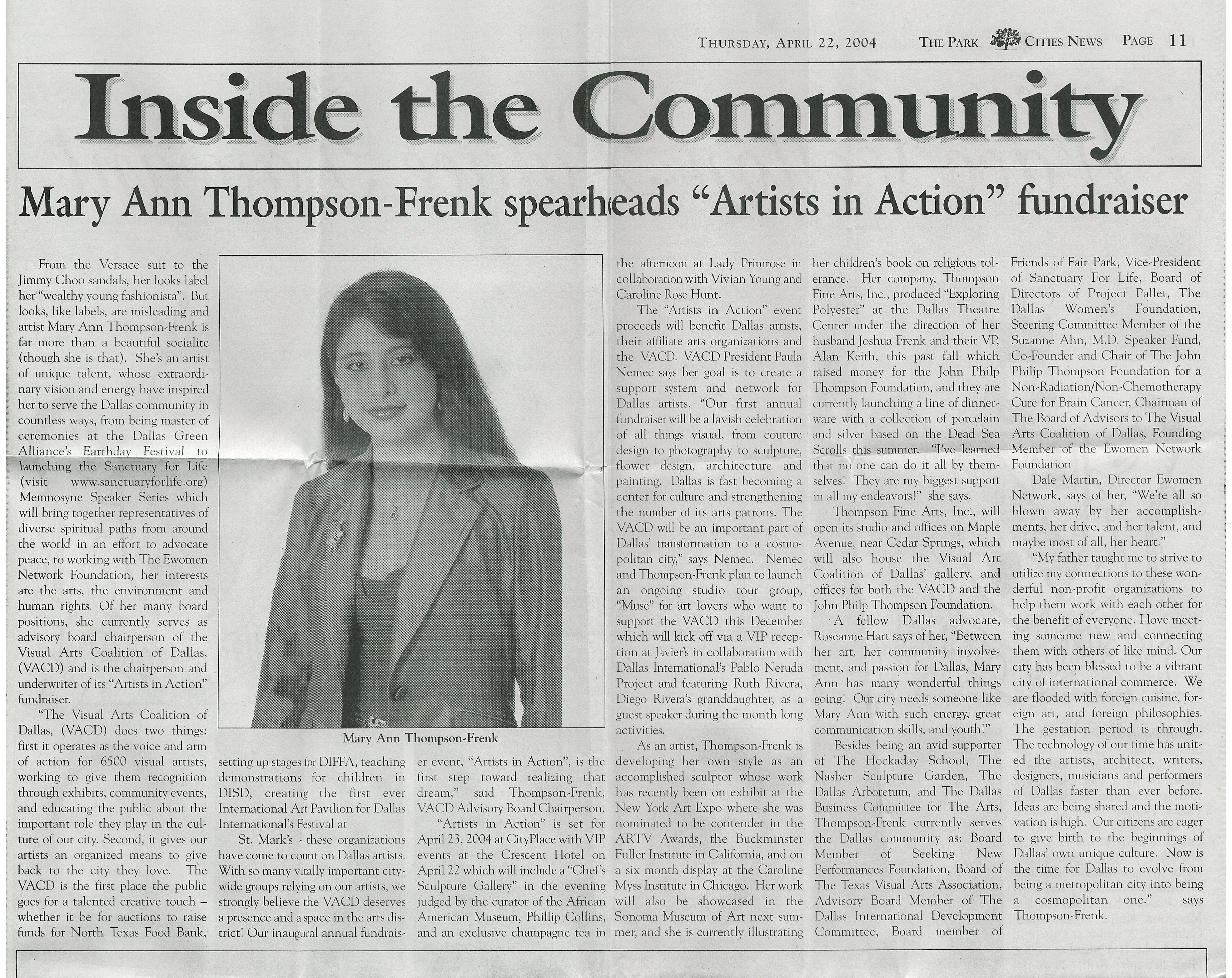 Click here to read Park Cities News Article: Inside The Community-- Mary Ann Thompson-Frenk spearheads "Artists In Action" Fundraiser!